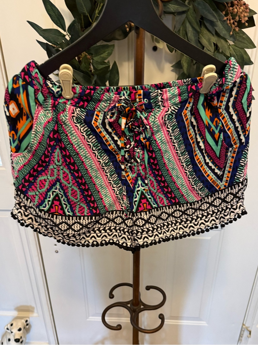 Takara Bohemian Funky Colorful Geometric Print Aztec Print Shorts w Pom Poms L